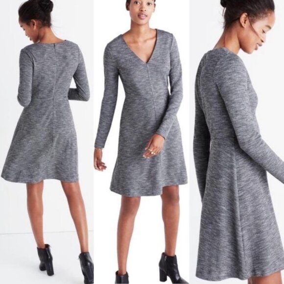 Madewell V-Neck Mini Dress Long Sleeves Grey Size 0 Bridgewalk Flare A-Line Boho - Picture 1 of 9